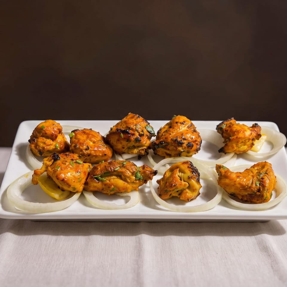 A white rectangular plate holds nine pieces of chicken tikka, garnished with onion rings and lemon.